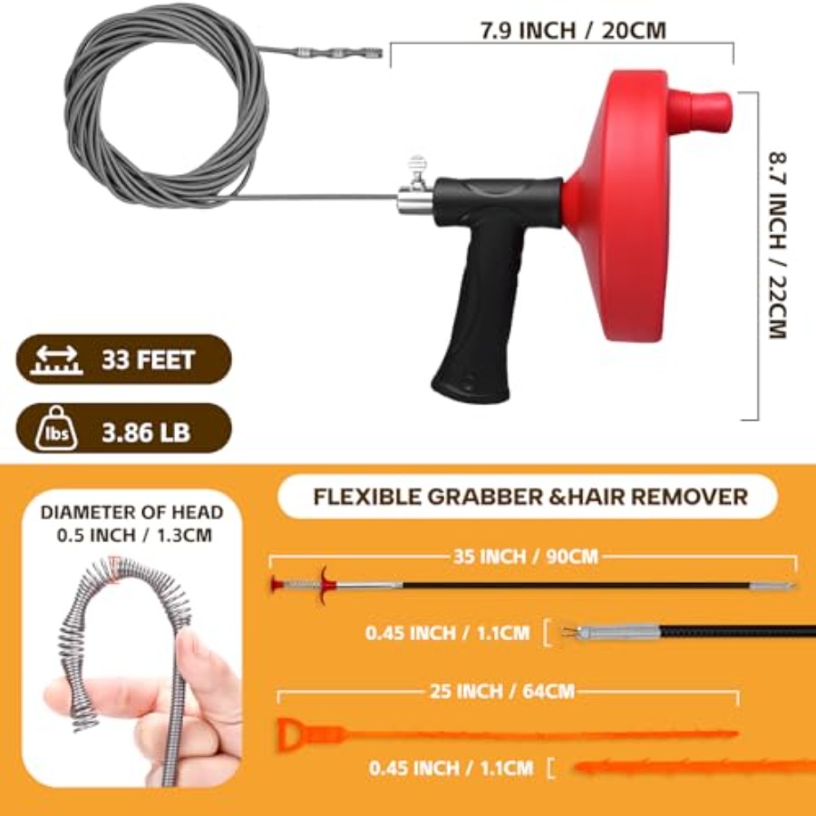 【Spot goods】Drain Auger 33 ft  - Drain Snake Flexible reseña y precio